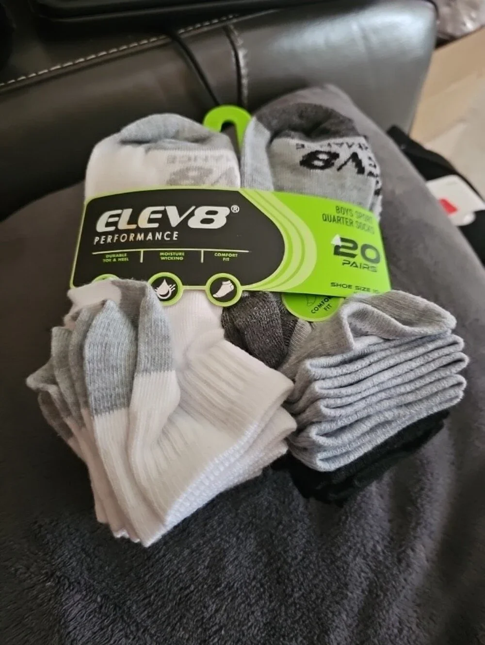 Elev8 Boys 20-Pack Quarter Socks - White & Gray